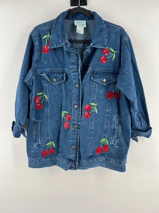 Quacker Factory Vintage Sequin & Embroidered Cherry Denim Jacket - Large - EUC - Picture 2 of 8